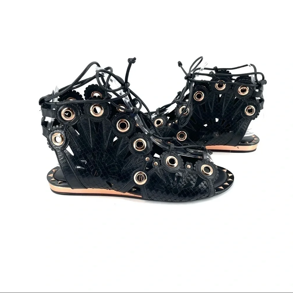 Ivy Kirzhner Barcelona Black Leather Low Gold Wedge Cutout Flat Sandals